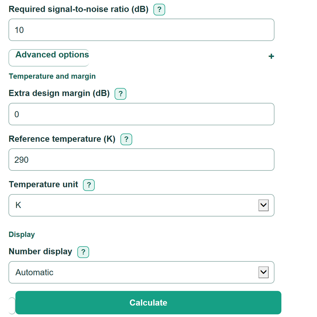 Example inputs for Receiver Noise Floor and Sensitivity Calculator