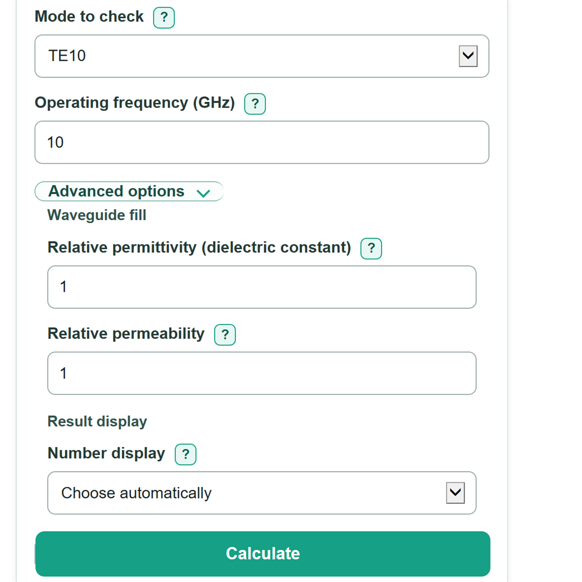 Example inputs for Rectangular Waveguide Cutoff Frequency and Mode Calculator