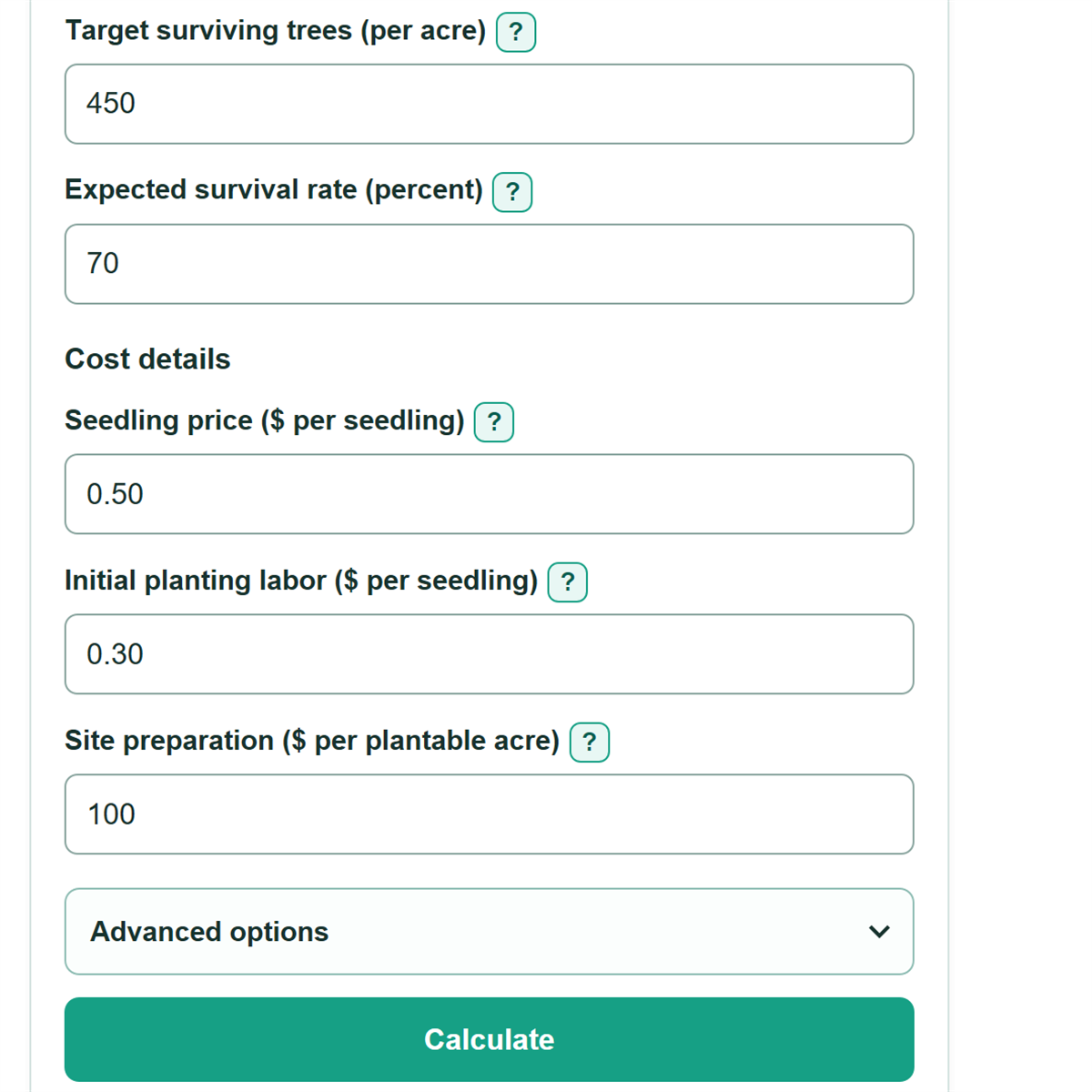 Example inputs for Reforestation Seedling Survival and Cost Calculator