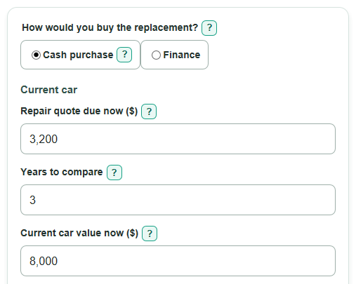 Example inputs for Repair vs Replace Car Lifetime Cost Calculator