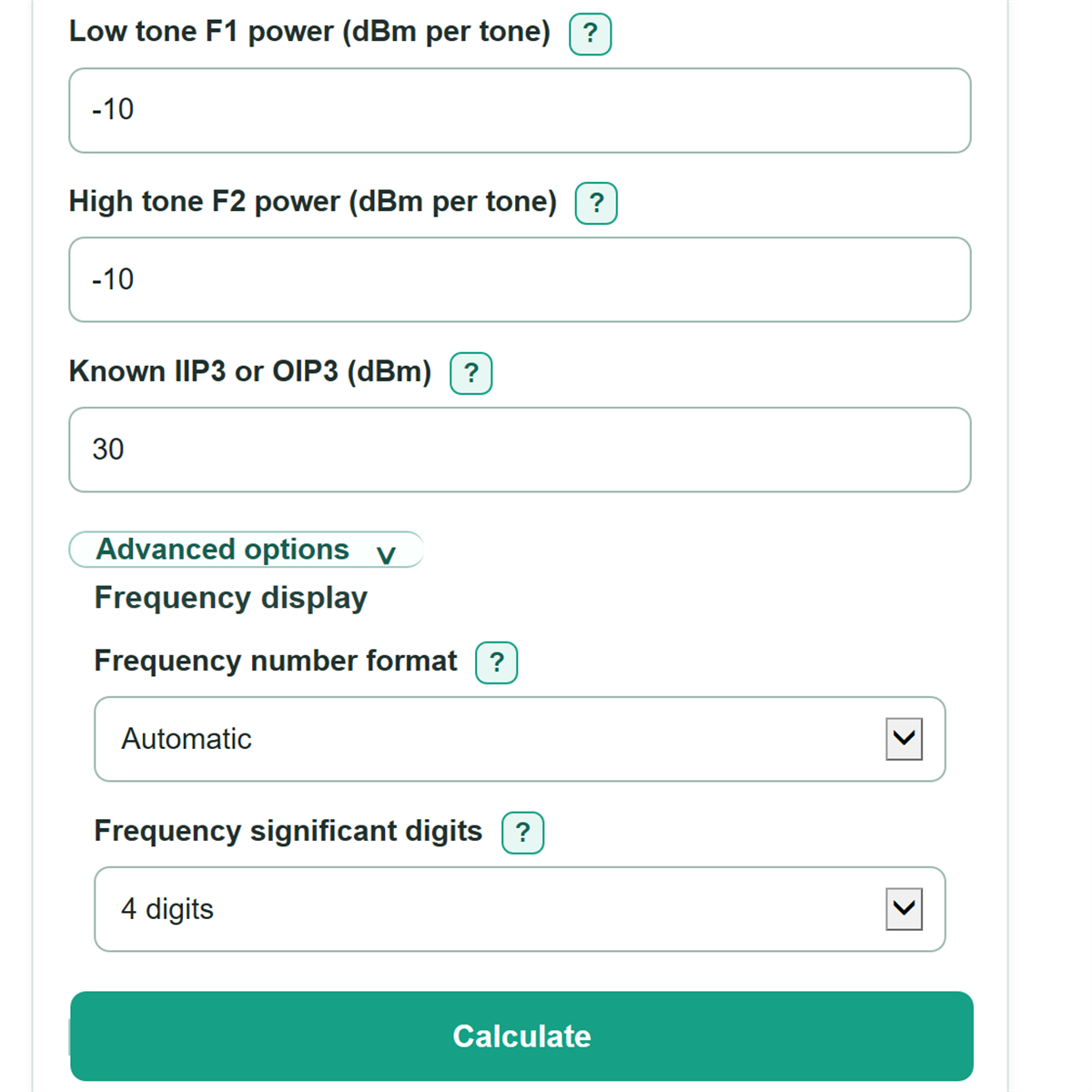 Example inputs for RF Intermodulation Products and Third-Order Intercept Calculator