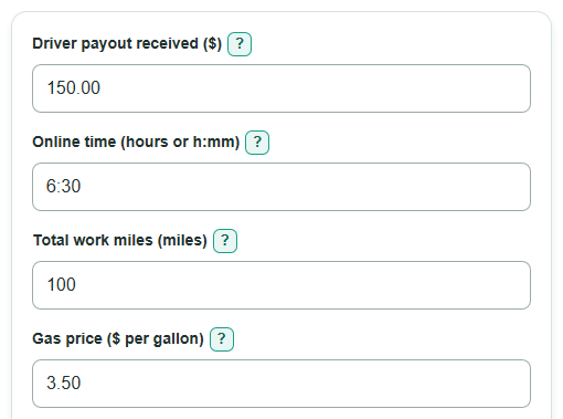 Example inputs for Rideshare and Delivery Driver Profit Calculator
