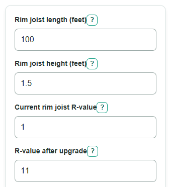 Example inputs for Rim Joist Insulation Savings Calculator