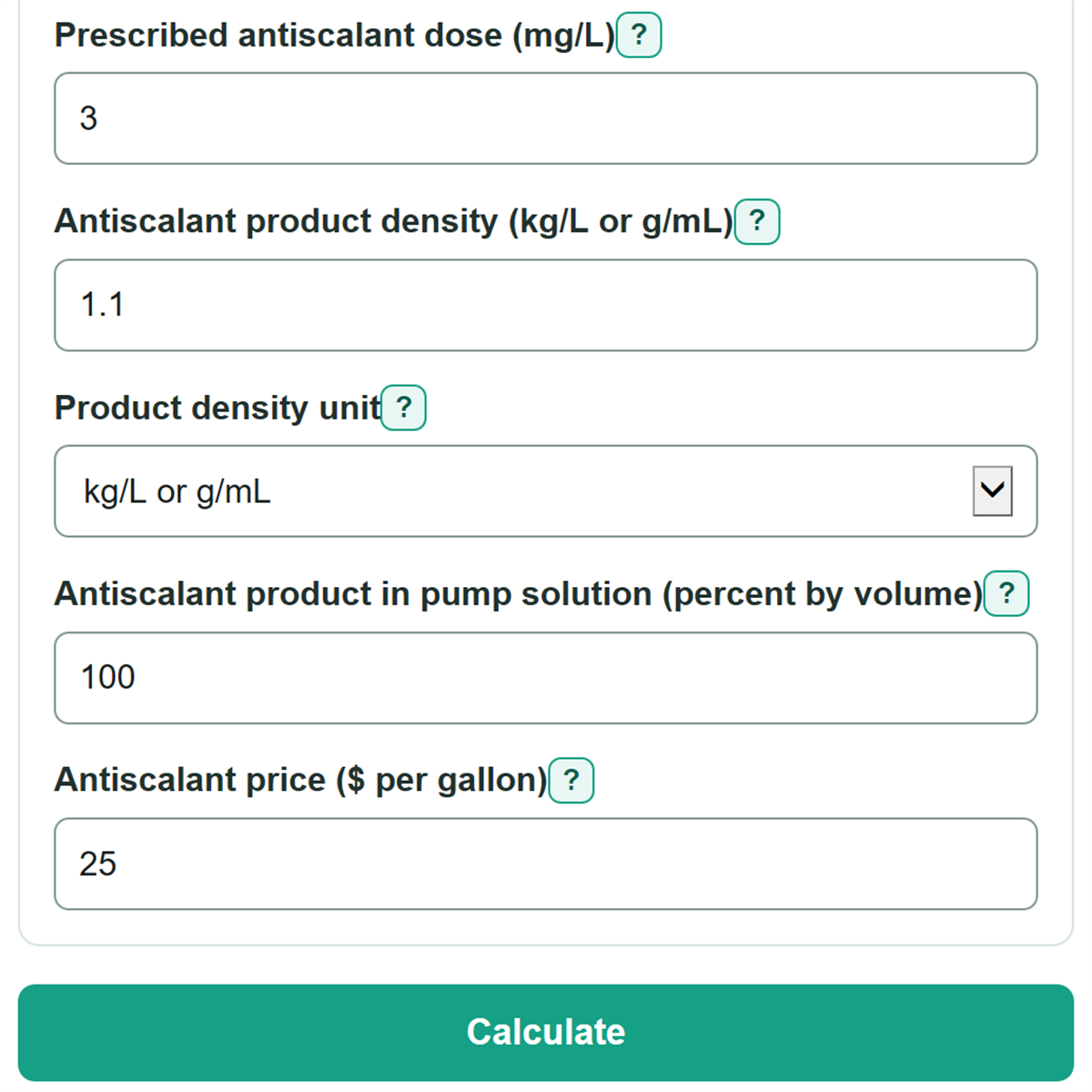 Example inputs for RO Antiscalant Dose and Pump Rate Calculator
