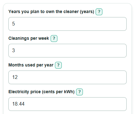 Example inputs for Robotic vs Suction Pool Cleaner Lifetime Cost Calculator