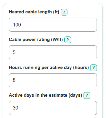 Example inputs for Roof De-Icing Cable Electricity Cost Calculator