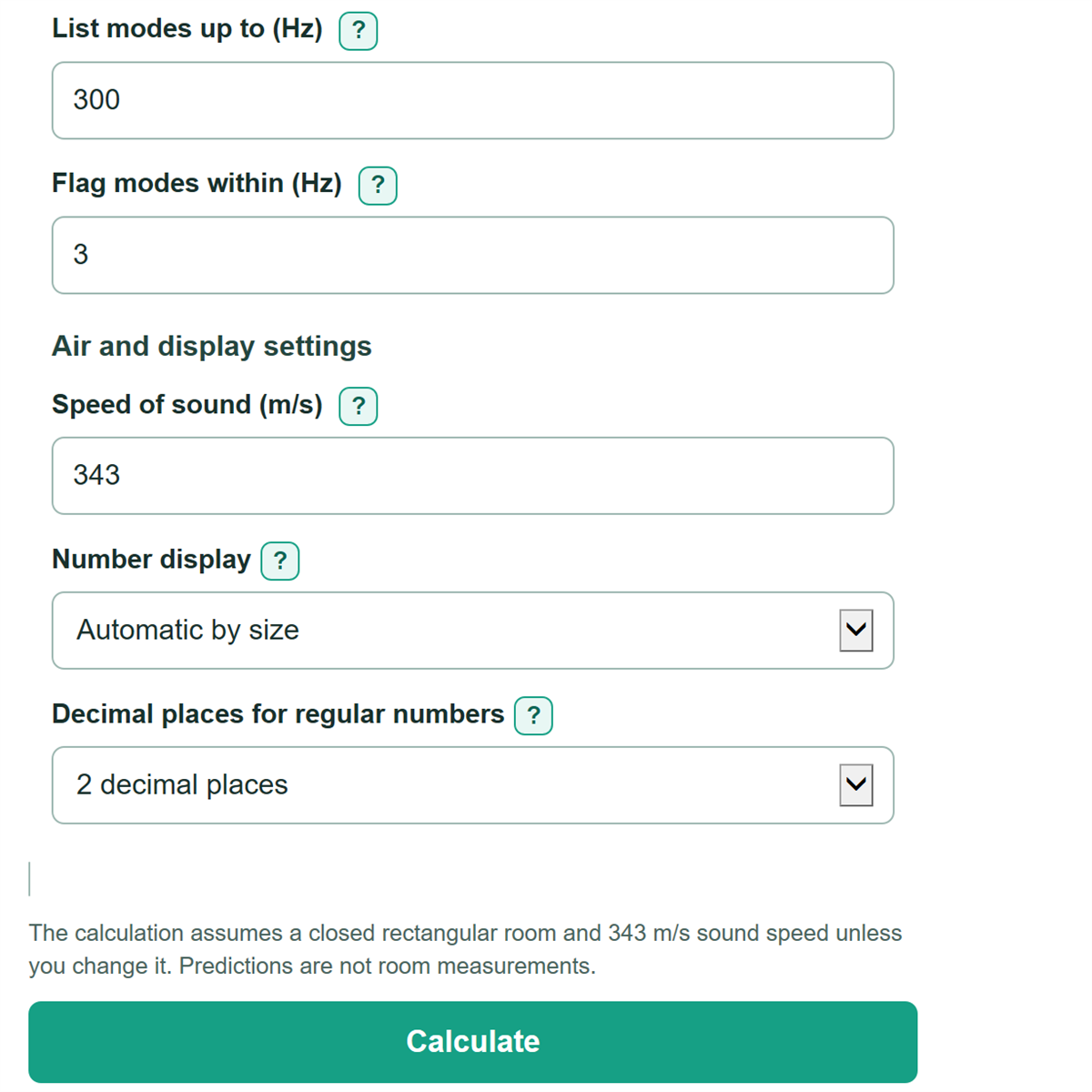 Example inputs for Room Mode and Standing Wave Calculator