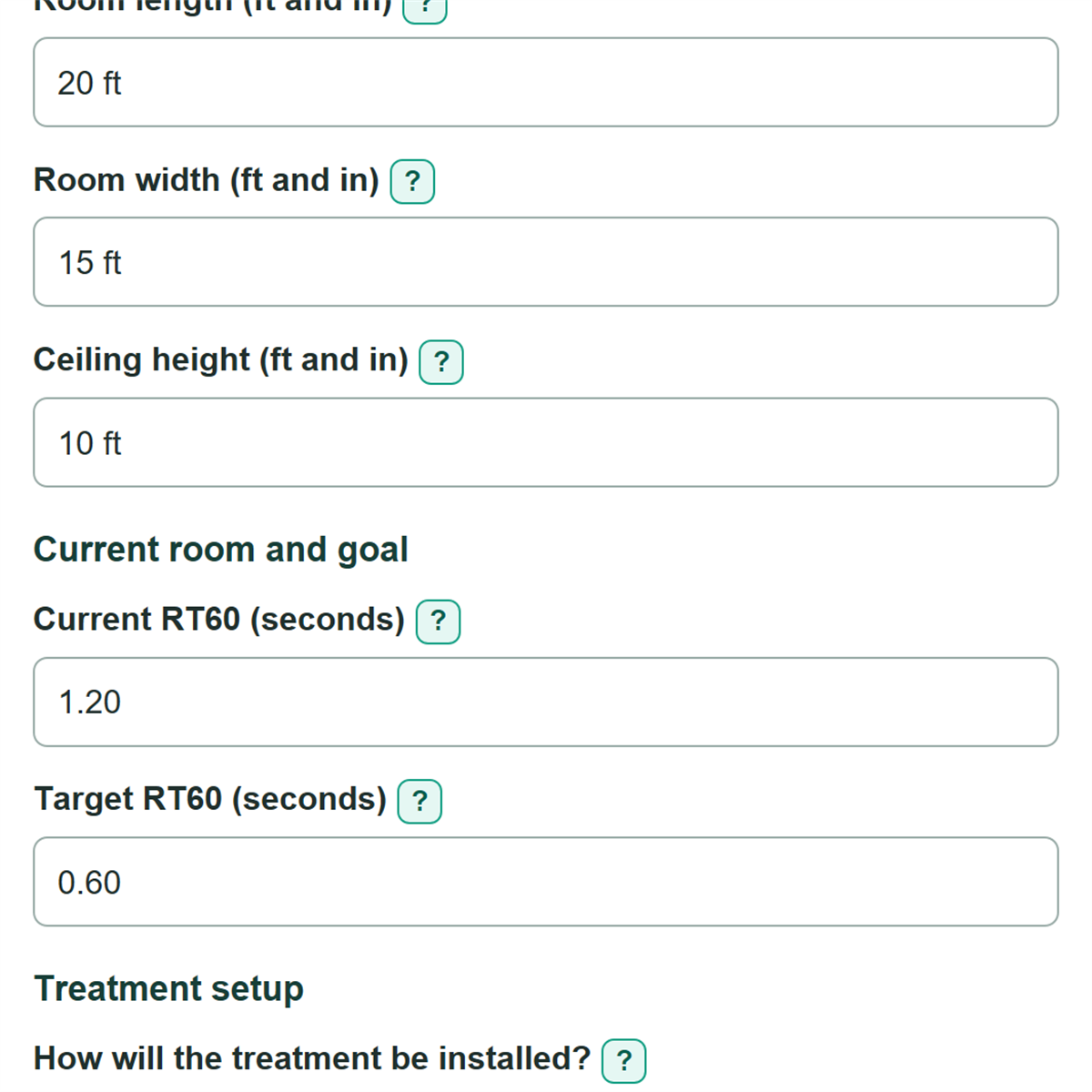 Example inputs for Room Reverberation Time and Acoustic Treatment Calculator
