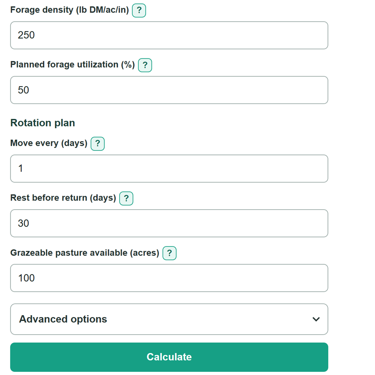 Example inputs for Rotational Grazing Paddock Size and Move Frequency Calculator
