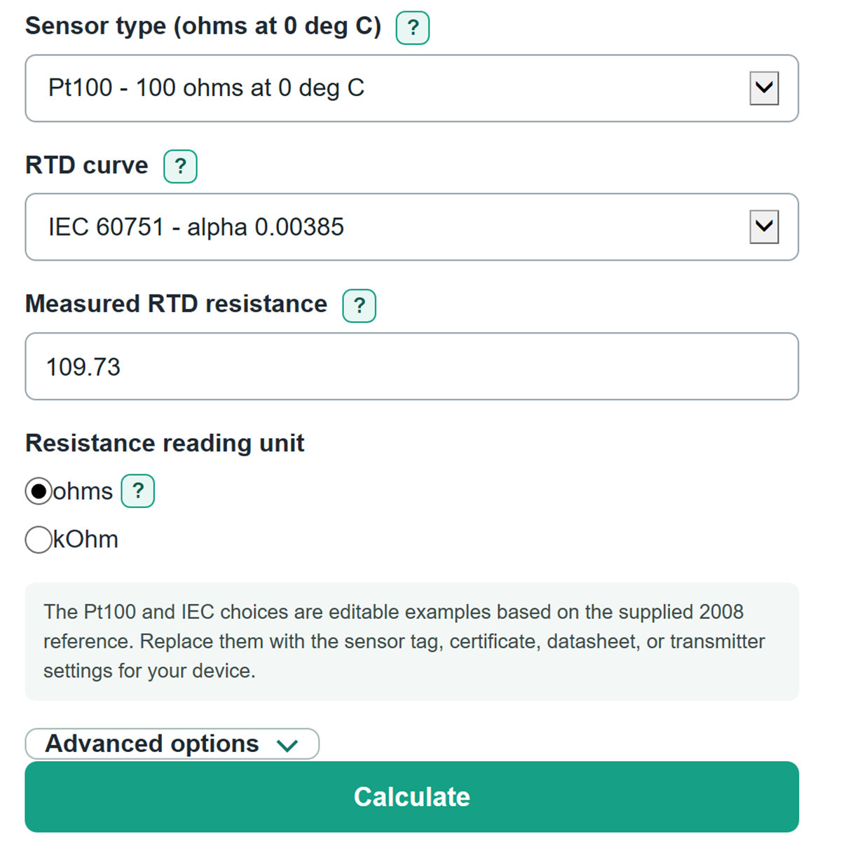 Example inputs for RTD Callendar-Van Dusen Resistance and Temperature Calculator