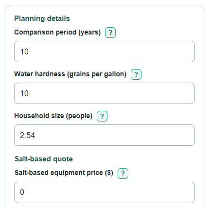 Example inputs for Salt-Based vs Salt-Free Conditioner Cost Calculator