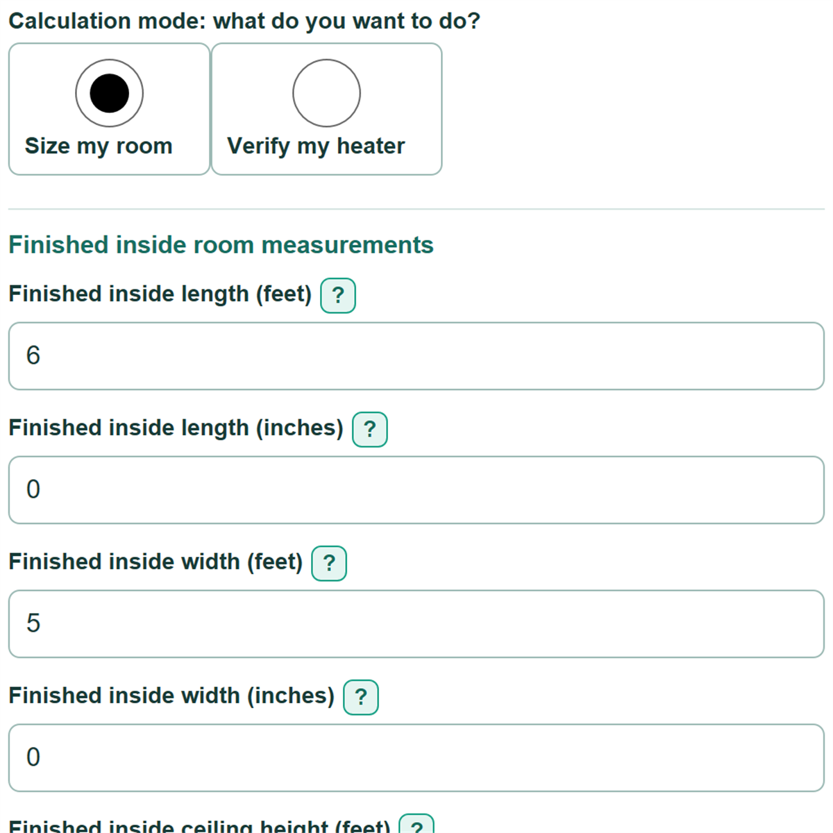 Example inputs for Sauna Heater Size and Electrical Circuit Calculator
