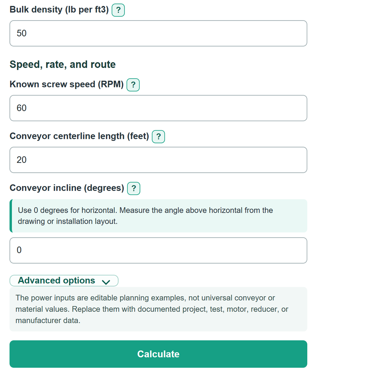 Example inputs for Screw Conveyor Capacity, Speed and Motor Power Calculator