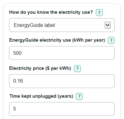 Example inputs for Second Refrigerator Energy Cost Calculator