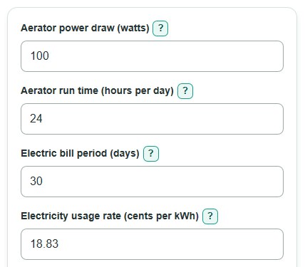 Example inputs for Septic Aerator Electricity Cost Calculator