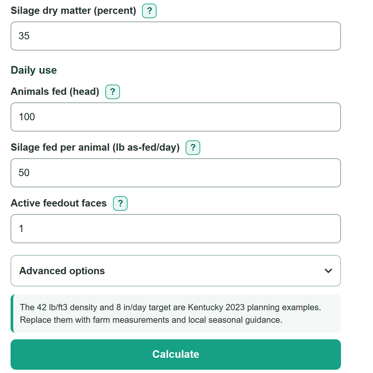 Example inputs for Silage Bunker and Pile Inventory Calculator