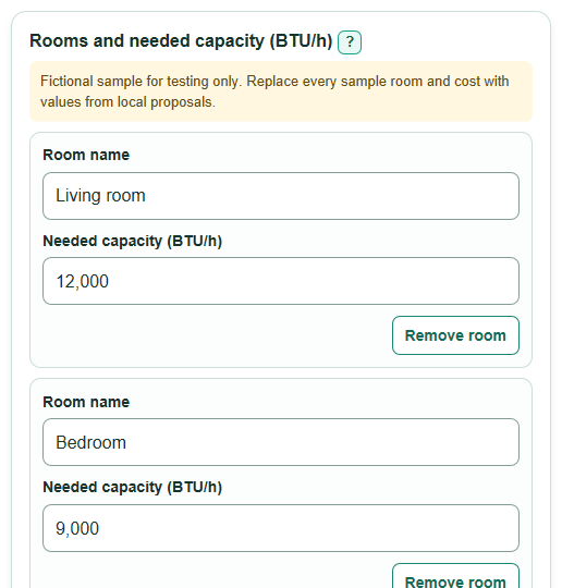 Example inputs for Single-Zone vs Multi-Zone Mini Split Cost Calculator