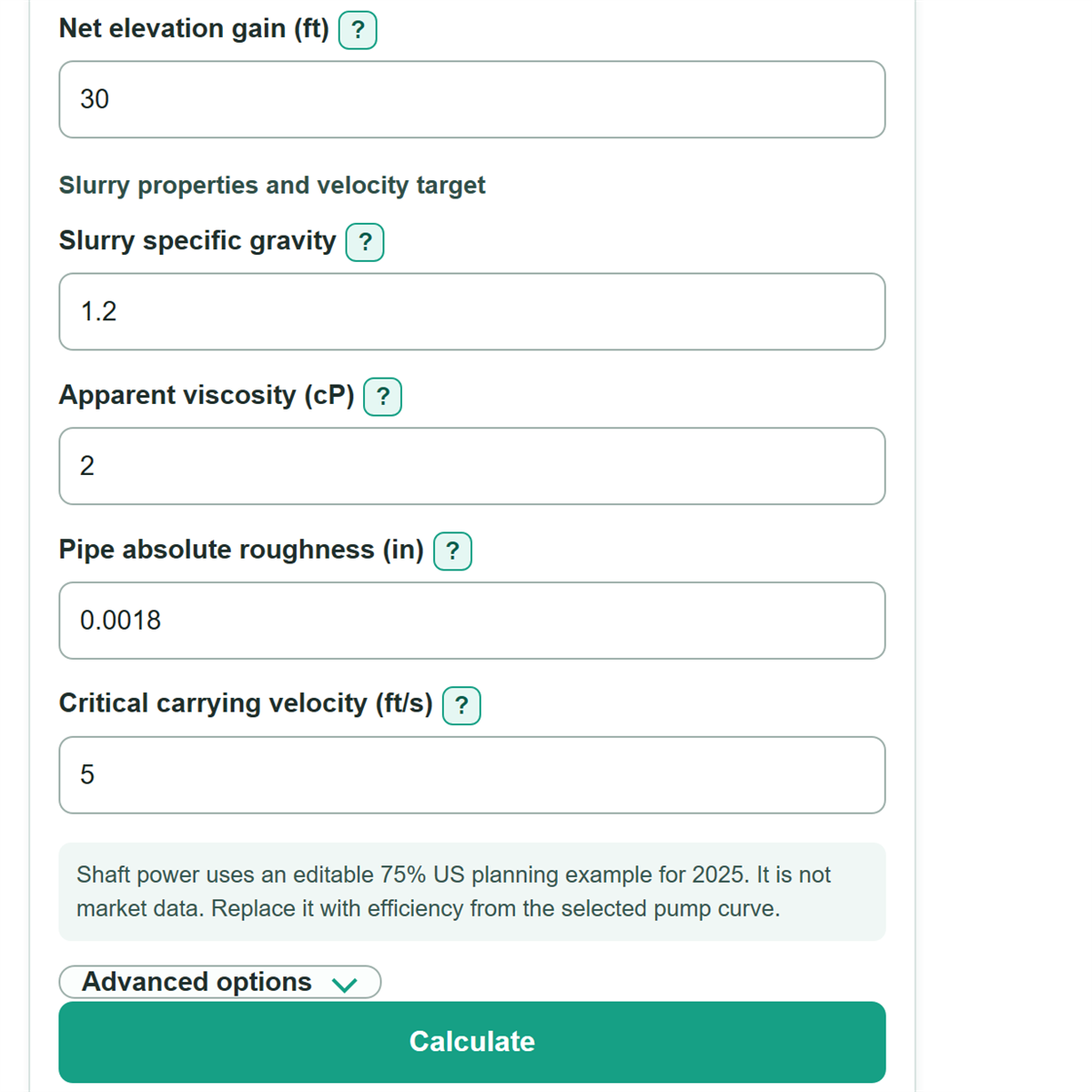 Example inputs for Slurry Pipeline Velocity, Pressure Drop and Pump Power Calculator