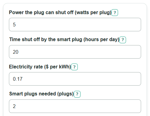 Example inputs for Smart Plug Payback Calculator