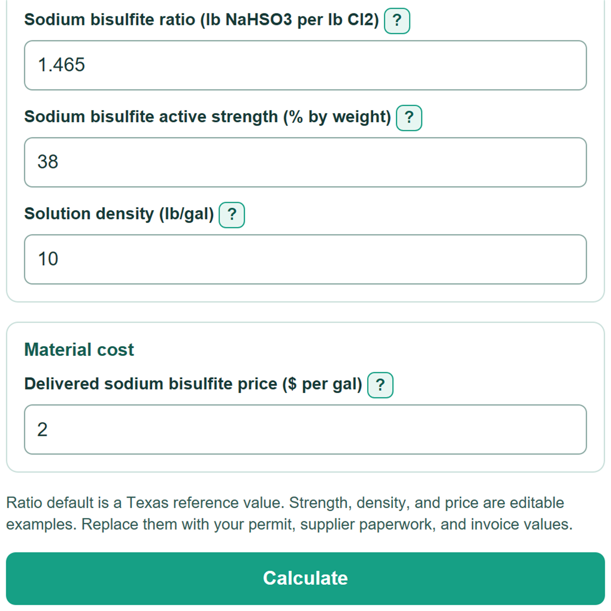Example inputs for Sodium Bisulfite Dechlorination Cost Calculator
