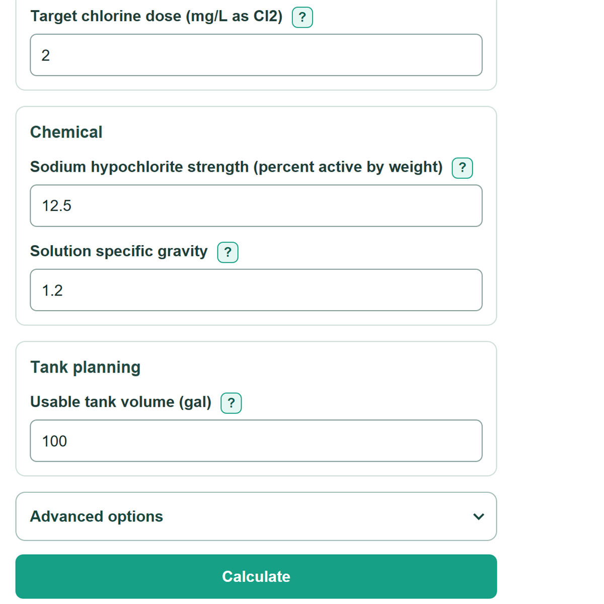 Example inputs for Sodium Hypochlorite Feed Rate and Tank Life Calculator