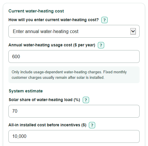 Example inputs for Solar Water Heater Payback Calculator