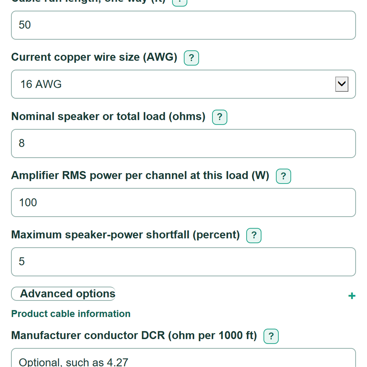 Example inputs for Speaker Cable Gauge, Voltage Drop and Power Loss Calculator