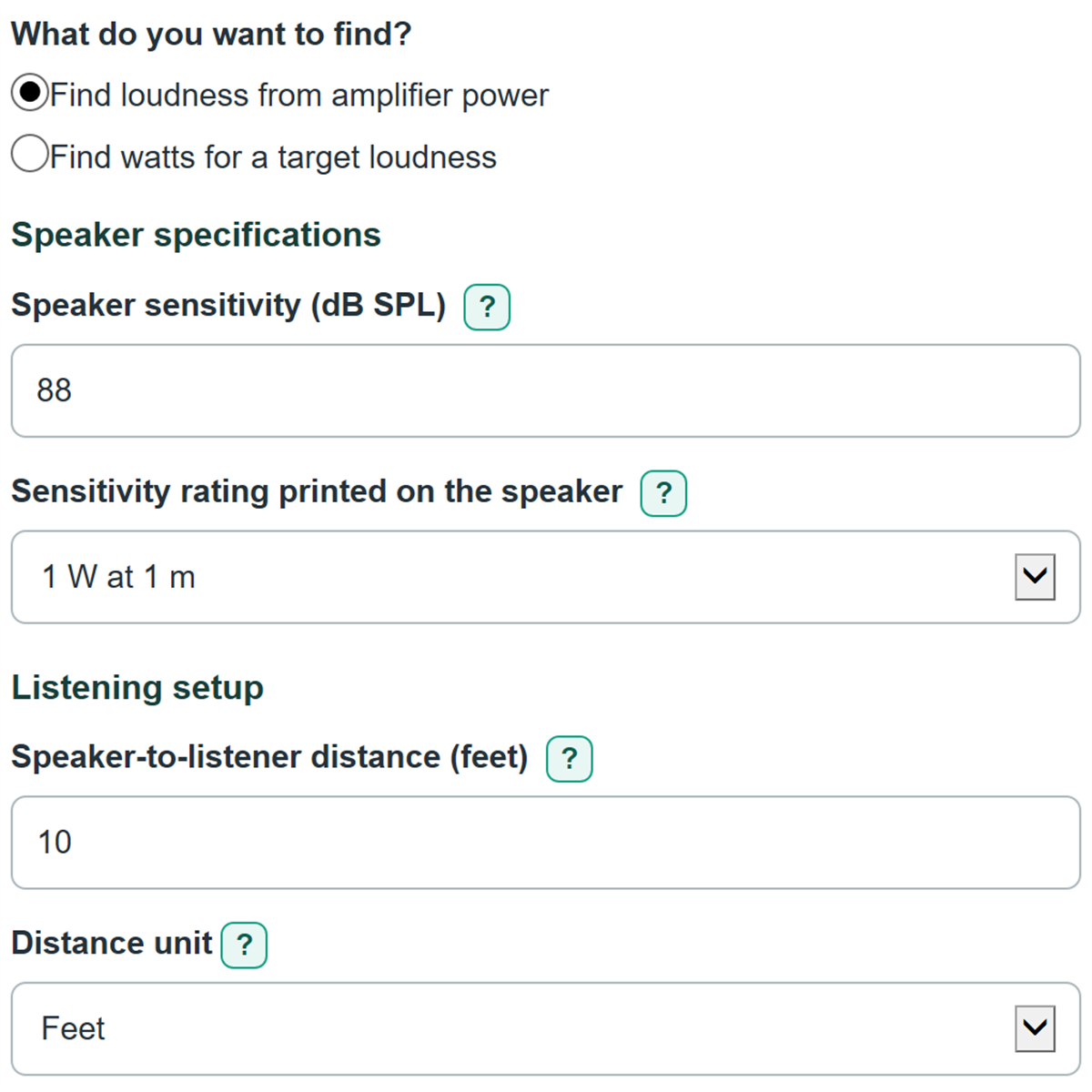 Example inputs for Speaker SPL, Distance and Amplifier Power Calculator