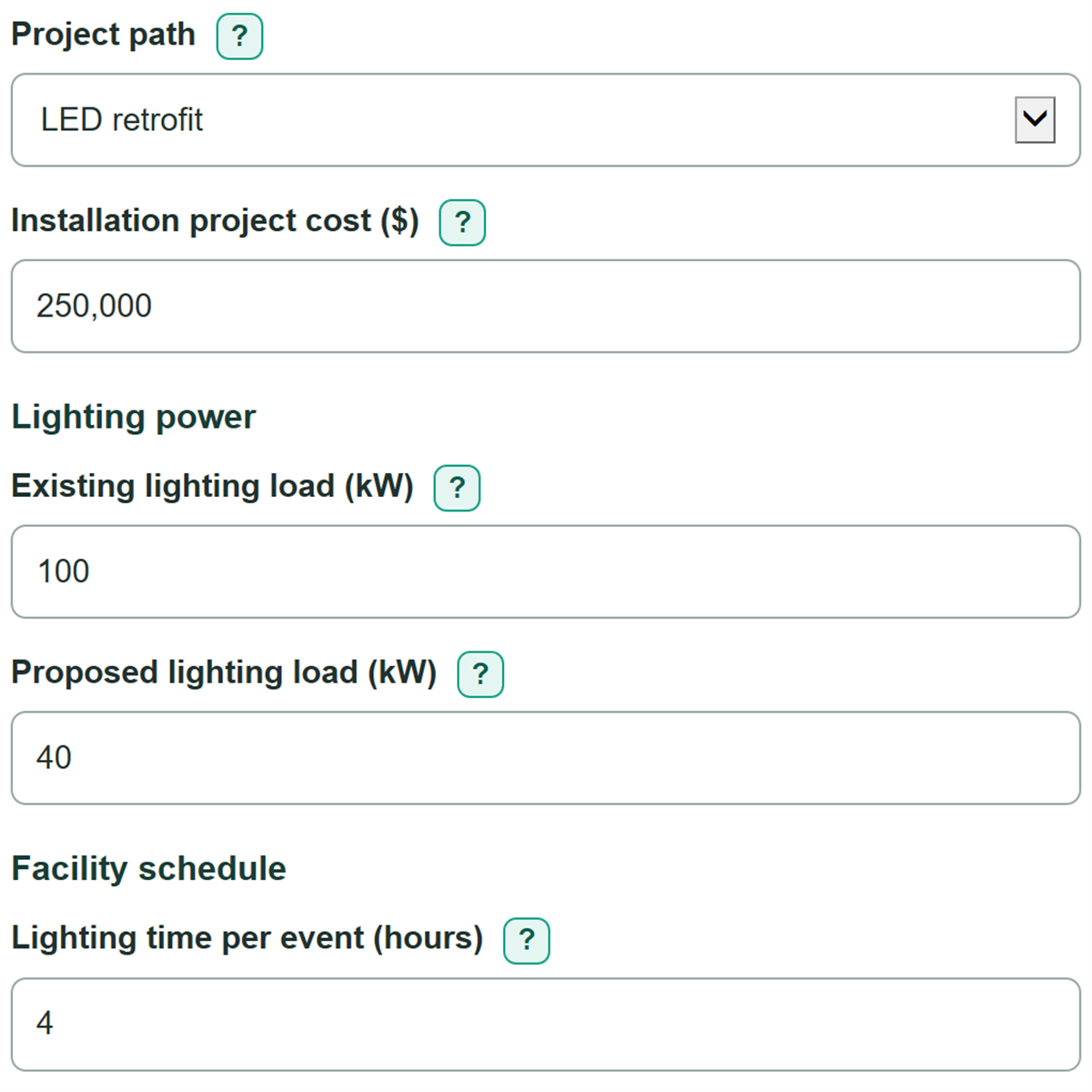 Example inputs for Sports Lighting Installation and Operating Cost Calculator