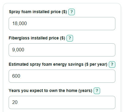 Example inputs for Spray Foam vs Fiberglass Insulation Lifetime Cost Calculator