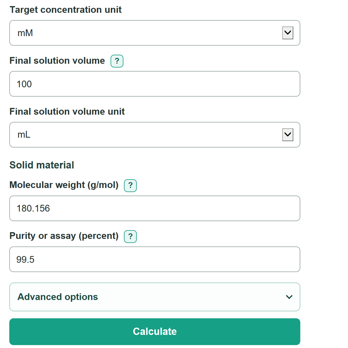 Example inputs for Standard Solution Preparation Calculator