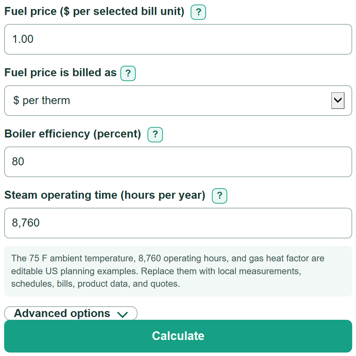 Example inputs for Steam Pipe Heat Loss and Insulation Payback Calculator