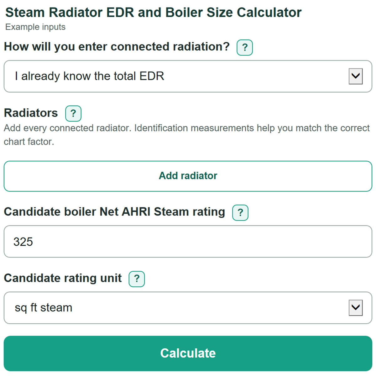 Example inputs for Steam Radiator EDR and Boiler Size Calculator