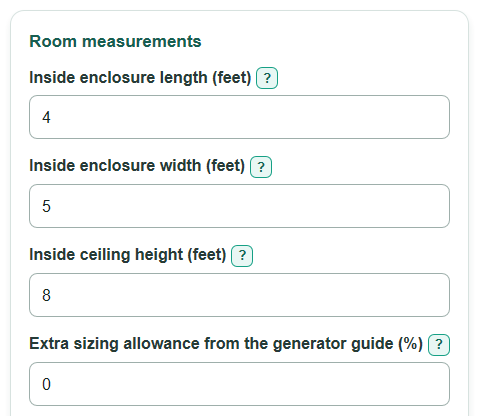 Example inputs for Steam Shower Generator Size and Operating Cost Calculator