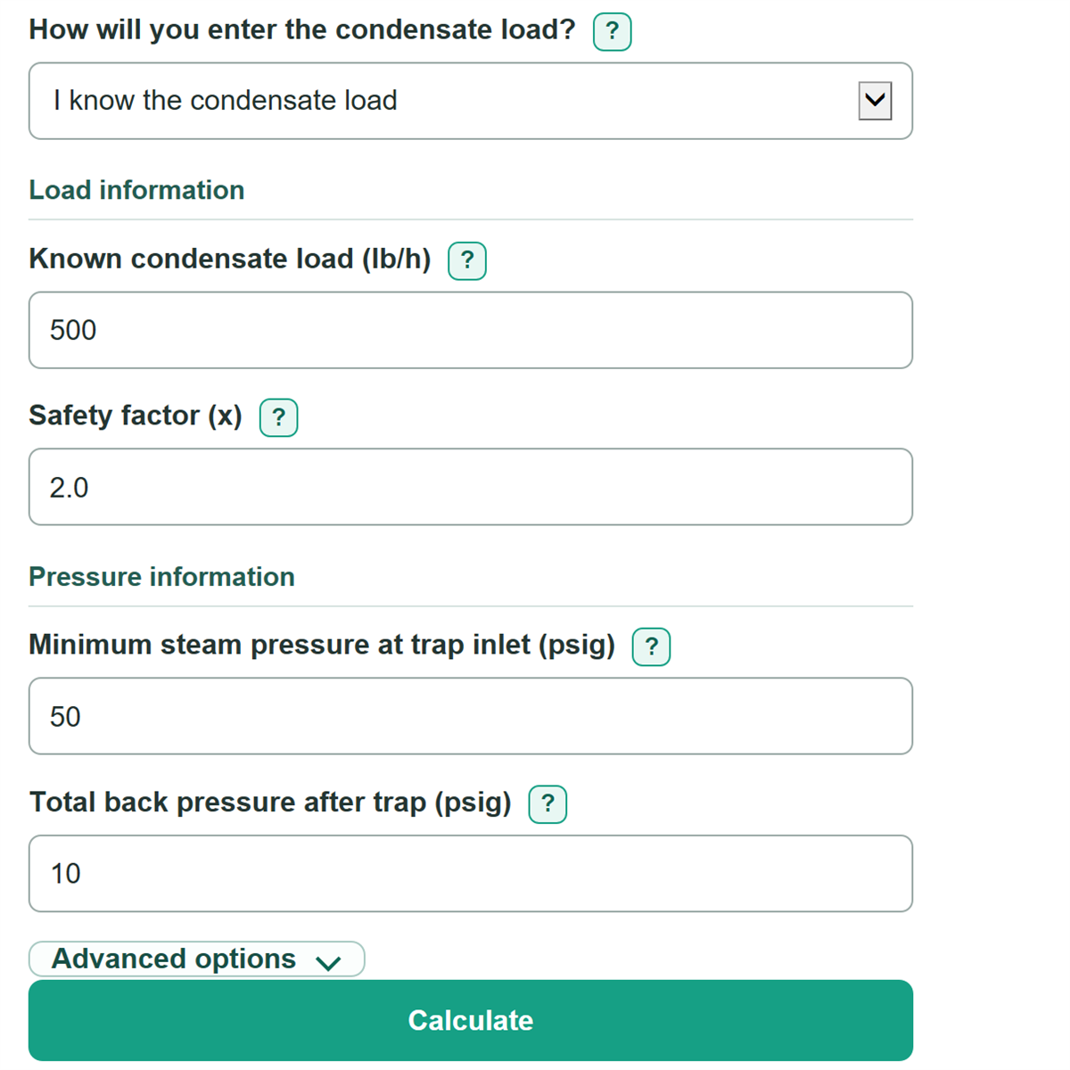 Example inputs for Steam Trap Condensate Load and Required Capacity Calculator