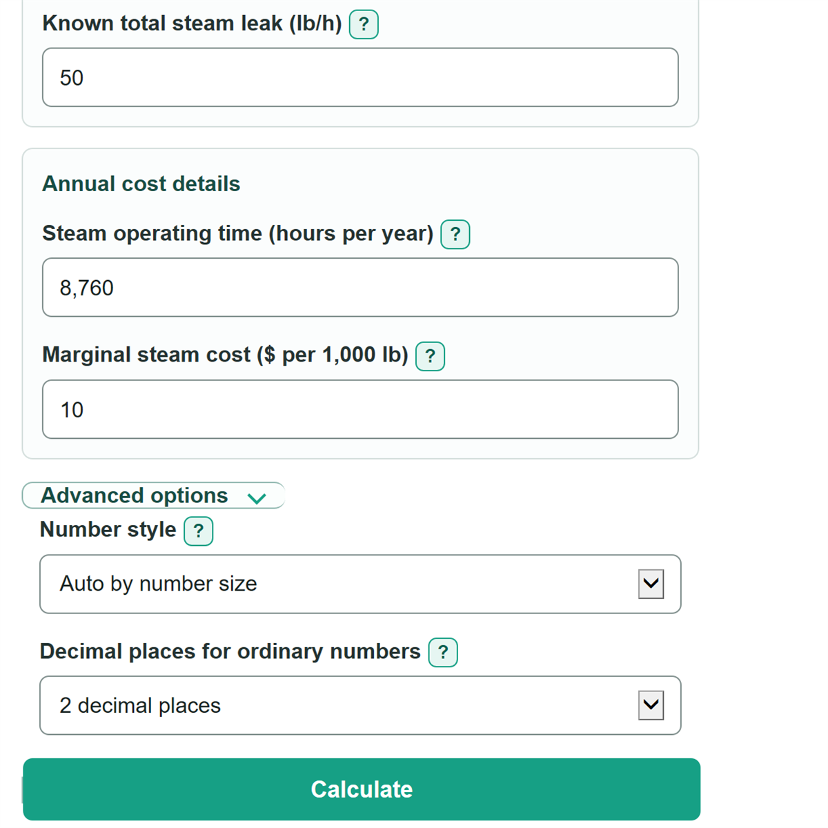 Example inputs for Steam Trap Leak and Energy Cost Calculator