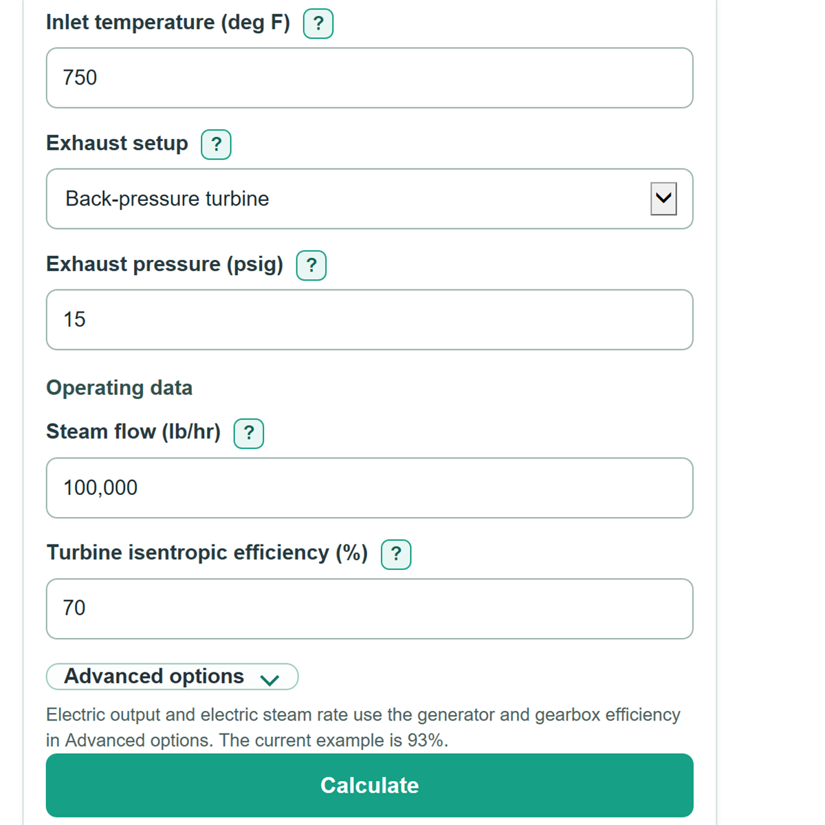 Example inputs for Steam Turbine Power and Efficiency Calculator