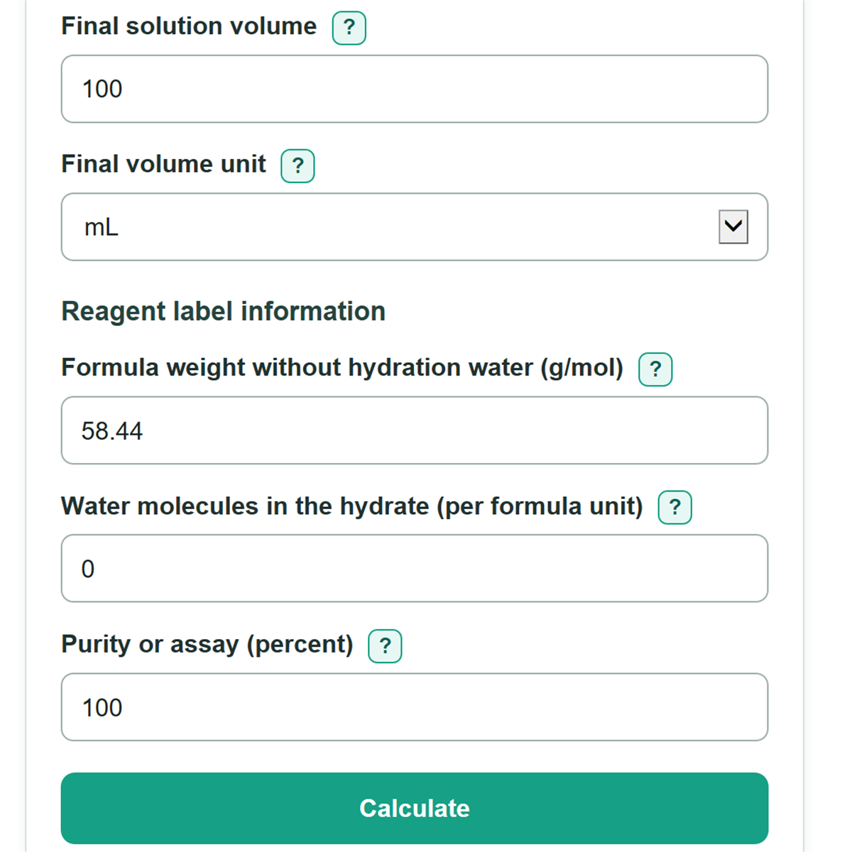 Example inputs for Laboratory Stock Solution Purity and Hydration Calculator
