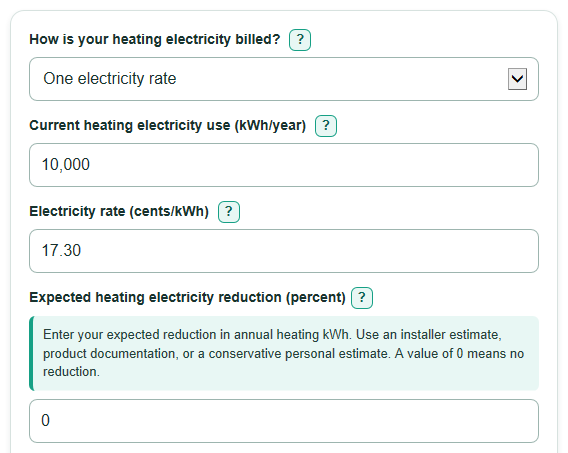 Example inputs for High Heat Retention Storage Heater Upgrade Payback Calculator