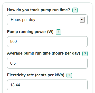 Example inputs for Sump Pump Electricity Cost Calculator