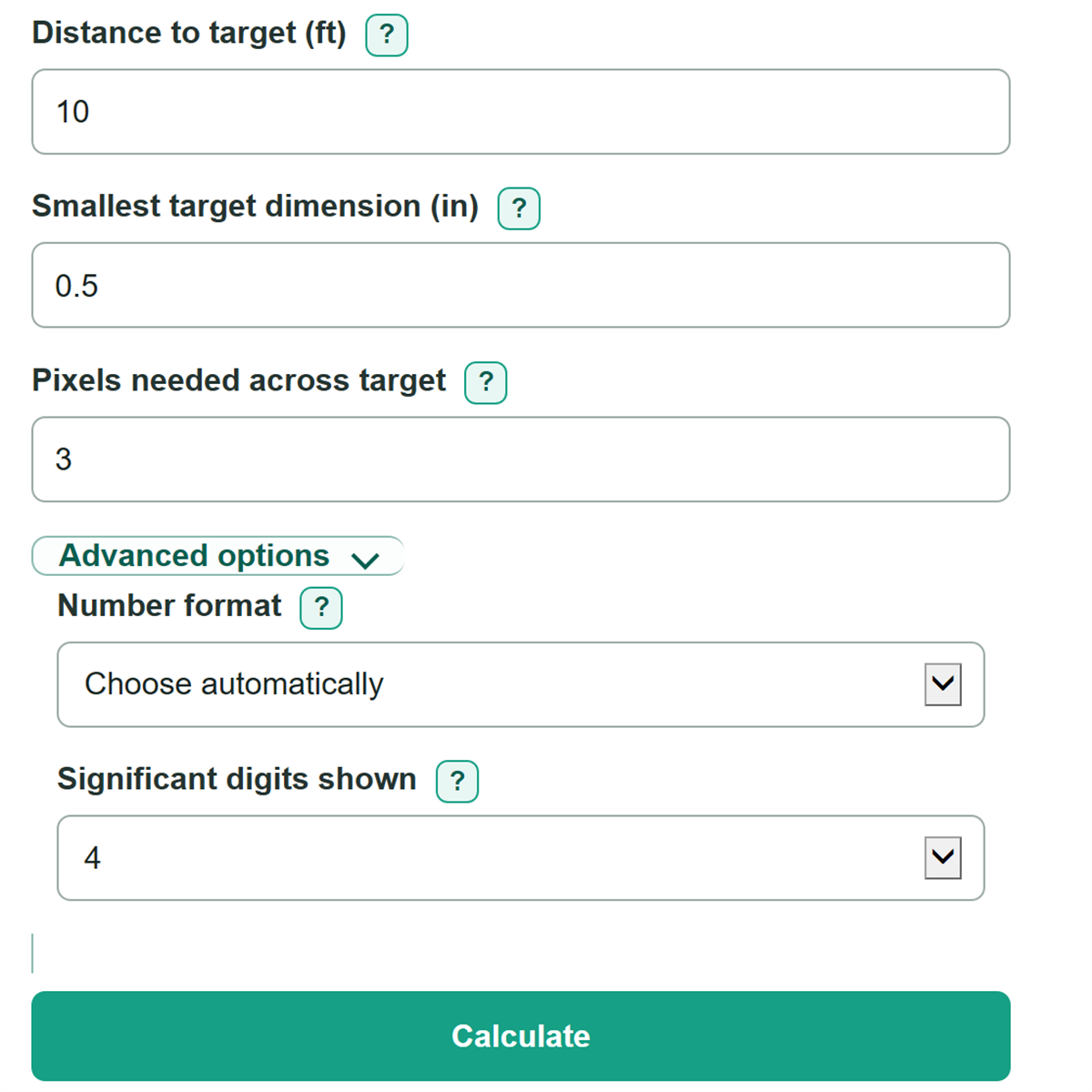 Example inputs for Thermal Camera IFOV, Spot Size and Detection Distance Calculator