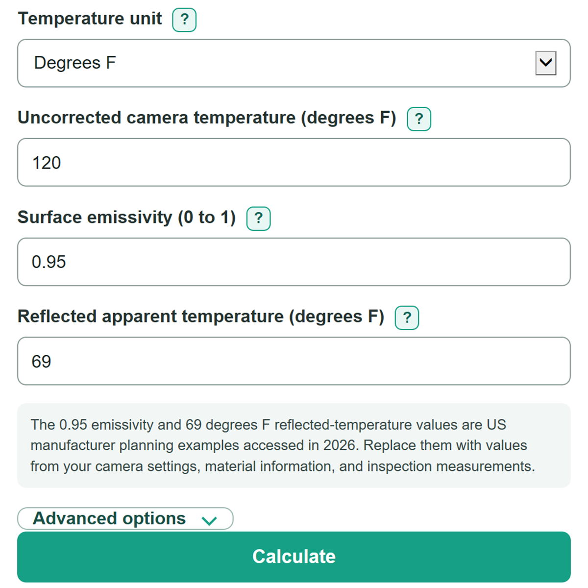 Example inputs for Thermography Emissivity Correction Calculator