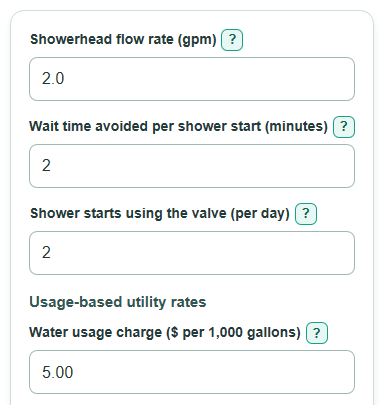 Example inputs for Thermostatic Shower Shutoff Savings Calculator