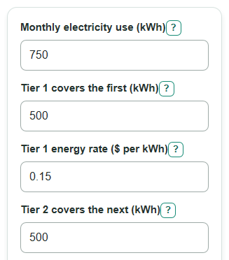Example inputs for Tiered Electricity Bill Calculator