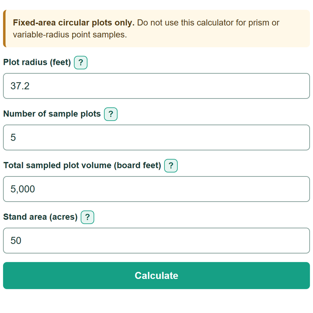 Example inputs for Timber Cruise Plot Expansion and Stand Volume Calculator