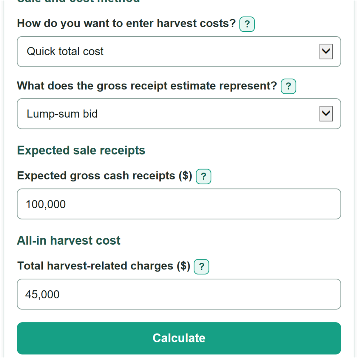 Example inputs for Timber Sale Net Revenue Calculator