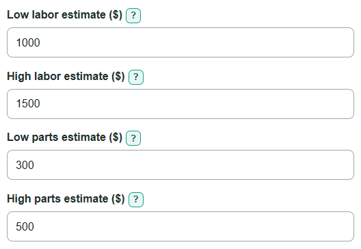 Example inputs for Timing Chain Replacement Cost Calculator