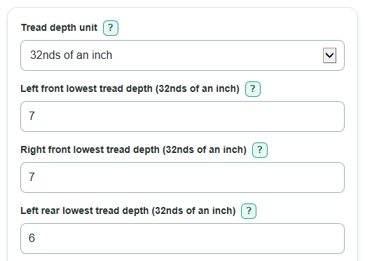 Example inputs for Tire Tread Life and Replacement Date Calculator