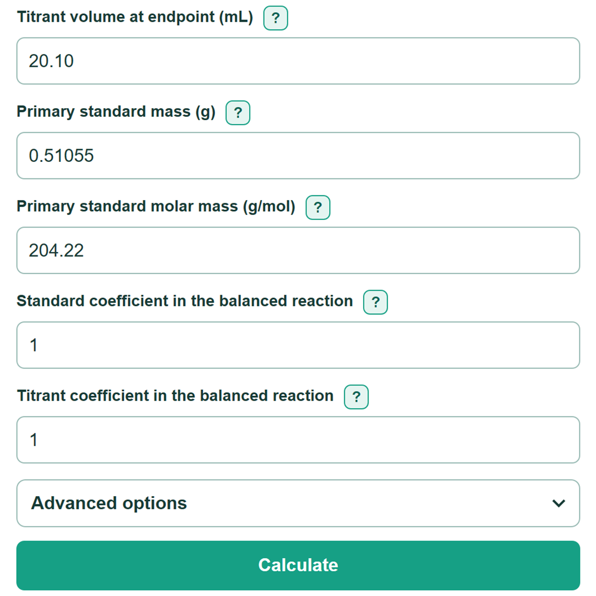 Example inputs for Titrant Standardization Factor Calculator