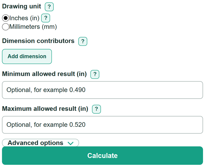 Example inputs for Tolerance Stack-Up Worst-Case, RSS and Monte Carlo Calculator